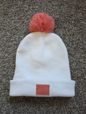 White Toque with Pink/Coral Pom Pom